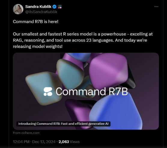 Cohere Unveils Command R7B Model for Low-End Devices